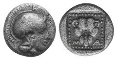 Lesbos, Methymna AR Triobol. Lesbos, Methymna AR Triobol. c. 450-406. Helmeted head of Athena r. / Facing head of panther within dotted square. SNG Copenhagen 350; Franke 10; HGC 6, 899. 1.44g, 11mm, 