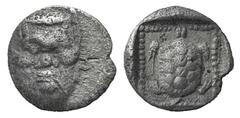 Lesbos, Methymna AR Hemiobol. Lesbos, Methymna AR Hemiobol. c. 350/30-250/40. Facing head of Silenos / Tortoise within dotted square border within incuse square. Franke 18a; HGC 6, 900. 0.31g, 7mm, 6h