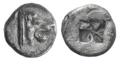 Lesbos, Mytilene AR Diobol. Lesbos, Mytilene AR Diobol. c. 500-450. Head of roaring lion r. / Four-part incuse square. Cf. CNg 78, lot 781. 1.17g, 10mm. Toned VF