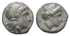 Lesbos, Mytilene AR Diobol. Lesbos, Mytilene AR Diobol. c. 400-350. Laureate head of Apollo r. / Female head r.; star behind. SNG vA 1744. 1.30g, 11mm, 6h. VF