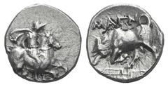 Ionia, Magnesia ad Maeandrum AR Hemidrachm. Ionia, Magnesia ad Maeandrum AR Hemidrachm. c. 350-325. Horseman with couched spear r. / Bull butting l.; maeander pattern and [magistrate’s name] below. Cf