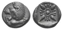 Ionia, Miletos AR Diobol. Ionia, Miletos AR Diobol. late 6th-early 5th C. BC. Forepart of lion r., head turned back / Stellate design within square incuse. SNG Kayhan 476-482. 1.01g, 10mm. Dark tone, 