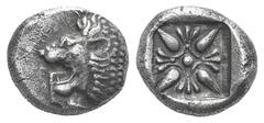 Ionia, Miletos AR Diobol. Ionia, Miletos AR Diobol. Late 6th-early 5th C. BC. Forepart of a lion r., head l. / Stellate design within square incuse. SNG Kayhan 476-482. 1.19g, 10mm. Toned, nearly EF