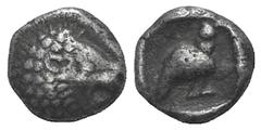Ionia, Miletos AR Tetartemorion. Ionia, Miletos AR Tetartemorion. late 6th-early 5th C. BC. Head of roaring lion r. / Bird standing r. within incuse square. Rosen 408. 0.23g, 5mm. Toned VF