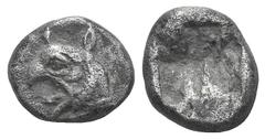 Ionia, Phokaia AR Diobol. Ionia, Phokaia AR Diobol. late 6th C. BC. Head of griffin l. / Four-part incuse square. SNG Keckman 300. 1.52g, 10mm. Toned VF