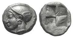 Ionia, Phokaia AR Diobol. Ionia, Phokaia AR Diobol. late 6th C. BC. Archaic head of Athena(?) l. / Four-part incuse punch. SNG Copenhagen 389-94 (Uncertain coins of Greece and Asia Minor); SNG Kayhan 