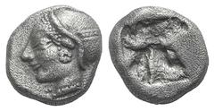 Ionia, Phokaia AR Diobol. Ionia, Phokaia AR Diobol. c. 510-494. Helmeted female head l., hair in sakkos, wearing rosette-earing / Four-part incuse square. SNG Copenhagen 389-94 (Uncertain coins of Gre