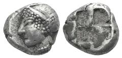 Ionia, Phokaia AR Diobol. Ionia, Phokaia AR Diobol. c. 510-494. Helmeted female head l., hair in sakkos, wearing rosette-earing / Quadripartite incuse square. Klein 452; SNG Copenhagen (Uncertain Coin