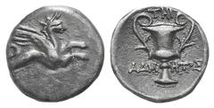 Ionia, Teos AR Hemidrachm. Ionia, Teos AR Hemidrachm. c. 370-340. Admetos, magistrate. Griffin flying r. / Kantharos. SNG Copenhagen 1448. 1.49g, 12mm, 6h. Toned VF