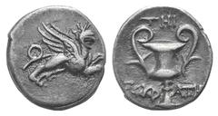 Ionia, Teos AR Hemidrachm. Ionia, Teos AR Hemidrachm. c. 370-340. Sokrates, magistrate. Griffin flying r. / Kantharos. Cf. SNG Copenhagen 1446-9. 1.48g, 11mm, 7h. Toned VF