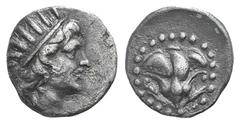 Islands off Karia, Rhodos AR Diobol. Islands off Karia, Rhodos AR Diobol. c. 188-84. Radiate head of Helios r. / Rose with bud to l.; palm to r.; all within beaded circle. SNG Keckman 699. 0.99g, 10mm