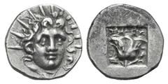 Islands off Karia, Rhodos AR Hemidrachm. Islands off Karia, Rhodos AR Hemidrachm. c. 125-88. Gorgas, magistrate. Radiate head of Helios facing slightly r. / Rose with bud to r.; sun to l.; all within 