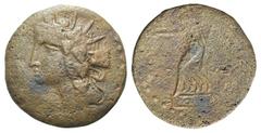 Islands off Karia, Rhodos Æ Didrachm. Islands off Karia, Rhodos Æ Didrachm. Quasi-Autonomous Coinage. 1st C. AD. Radiate head of Helios l. / Nike standing l. on prow, holding wreath and palm. RPC I 27