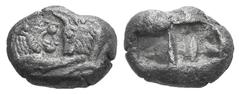 Kings of Lydia, Kroisos AR 1/3 Stater. Kings of Lydia, Kroisos AR 1/3 Stater. Sardis, 550-546. Confronted foreparts of lion r. and bull l. / Two square punches. ATEC 52-55; Berk 24. 3.43g, 12mm. Toned