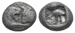Kings of Lydia, Kroisos AR 1/12 Stater. Kings of Lydia, Kroisos AR 1/12 Stater. Sardis, 550-546. Confronted foreparts of lion r. and bull l. / Two square punches. ATEC 58-59; Berk 27. 0.83g, 9mm. VF
