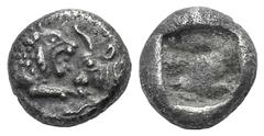 Kings of Lydia, Kroisos AR 1/12 Stater. Kings of Lydia, Kroisos AR 1/12 Stater. Sardis, 550-546. Confronted foreparts of lion r. and bull l. / Two square punches. ATEC 58-59; Berk 27. 0.83g, 9mm. Tone