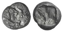 Kings of Lydia, Kroisos AR 1/24 Stater. Kings of Lydia, Kroisos AR 1/24 Stater. Sardis, 550-546. Confronted foreparts of lion and bull / Incuse punch. ATEC 60-62; Berk 26. 0.42g, 8mm. VF