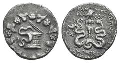 T. Ampius T.f. Balbus, Proconsul, AR Cistophoric Tetradrachm of Tralles, Lydia. T. Ampius T.f. Balbus, Proconsul, AR Cistophoric Tetradrachm of Tralles, Lydia. c. 58-57 BC. Serpents emerging from cist