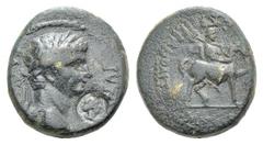 Claudius Æ19 of Mostene, Lydia. Claudius Æ19 of Mostene, Lydia. 41-54. Laureate head r.; c/m: female head r. / Hero on horseback r. Cf. RPC 2461 (with Agrippina). 6.12g, 19mm, 12h. Dark patina, VF