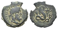 Pertinax Æ Diobol of Alexandria, Egypt. Pertinax Æ Diobol of Alexandria, Egypt. Year 1 (= 193). Laureate head r. / Uraeus serpent erect r., wearing skhent and entwining caduceus and corn ears in coils