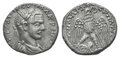 Macrinus AR Tetradrachm of Hierapolis, Cyrrhestica. Macrinus AR Tetradrachm of Hierapolis, Cyrrhestica. 217-218. Laureate, draped and cuirassed bust r. / Eagle standing facing, head and tail r., with 