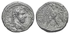 Macrinus AR Tetradrachm of Aradus, Phoenicia. Macrinus AR Tetradrachm of Aradus, Phoenicia. 217-218. Laureate head r. / Eagle standing facing, head r., wings displayed, holding wreath in beak; crescen