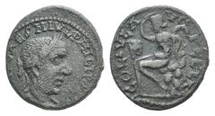 Philip I Æ24 of Pella, Macedon. Philip I Æ24 of Pella, Macedon. AD 244-249. Laureate, draped and cuirassed bust r. / Pan seated l. on rock, raising arm over head, holding pedum; syrinx above knee. SNG