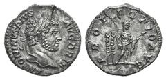 Caracalla AR Denarius. Caracalla AR Denarius. Rome, 212/3. Laureate head r. / Caracalla standing l., holding transverse spear; two signa to l. RIC 225; RSC 508. 3.33g, 17mm, 12h. Flan crack. Toned EF