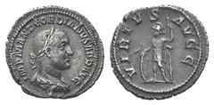 Gordian II AR Denarius. Gordian II AR Denarius. Rome, 238. Laureate, draped and cuirassed bust r. / Virtus standing l., holding reversed spear and shield. RIC 3; RSC 14. 2.82g, 19mm, 6h. Very rare. To