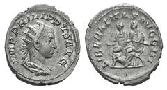 Philip II AR Antoninianus. Philip II AR Antoninianus. Rome, 249. Radiate, draped and cuirassed bust r. / Philip I, holding transverse sceptre, and Philip II seated l. on curule chairs. RIC 230; RSC 17