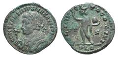 Constantine I BI Nummus. Constantine I BI Nummus. Lugdunum, 316/7. Laureate and mantled bust l., holding eagle-tipped sceptre / Sol standing l., raising hand and holding globe. Cf. RIC 91. 3.29g, 19mm