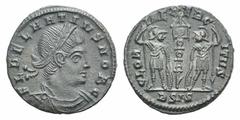 Delmatius, as Caesar, Æ4 (Nummus). Delmatius, as Caesar, Æ4 (Nummus). Siscia, 335-336. Laureate, draped and cuirassed bust r. / Two soldiers standing facing one another, each holding reversed spear se