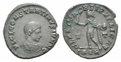 Constantine II, as Caesar, BI Nummus, Constantine II, as Caesar, BI Nummus, Trier, 317/8. Bare-headed and cuirassed bust r. / Sol standing l., raising r. hand and holding globe. RIC 181. 3.39g, 18mm, 
