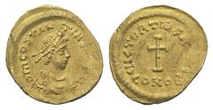 Tiberius II AV Tremissis. Tiberius II AV Tremissis. Constantinople, 578-582. Diademed, draped and cuirassed bust r. / Cross potent. MIBE 9b; DOC 7; Sear 425. 1.46g, 15mm, 6h. Good VF