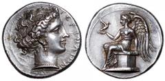 Bruttium, Terina AR Stater. Bruttium, Terina AR Stater. Circa 400-356 BC. Head of the nymph Terina right, wearing triple-pendant earring and pearl necklace; TEPINAIΩN before / Nike, wearing a long chi
