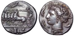 Sicily, Syracuse AR Dekadrachm. Sicily, Syracuse AR Dekadrachm. Time of Dionysios I, circa 400-370 BC. Charioteer driving galloping quadriga to left, holding kentron in right hand, reins in left; abov