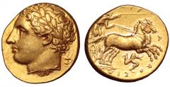 Sicily, Syracuse AV Dekadrachm. Sicily, Syracuse AV Dekadrachm. Agathokles, circa 317-310 BC. Laureate head of Apollo left; kantharos behind / Charioteer driving galloping biga right, holding kentron 
