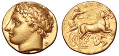 Sicily, Syracuse AV Dekadrachm. Sicily, Syracuse AV Dekadrachm. Agathokles, circa 317-310 BC. Laureate head of Apollo left; kantharos behind / Charioteer driving galloping biga right, holding kentron 