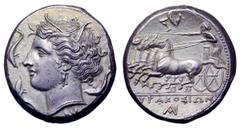 Sicily, Syracuse AR Tetradrachm. Sicily, Syracuse AR Tetradrachm. Agathokles, circa 317-310 BC. Head of Arethusa left, wearing grain wreath, pearl necklace and triple pendant earring; NI below neck tr