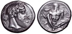 Sicily, Naxos AR Tetradrachm. Sicily, Naxos AR Tetradrachm. Circa 460 BC. Bearded head of Dionysos right, wearing ivy wreath, his hair tied in a krobylos behind / Nude, bearded and ithyphallic Silenos