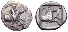 Thessaly, Perrhaiboi AR Hemidrachm. Thessaly, Perrhaiboi AR Hemidrachm. Circa 450-400 BC. Hero to right, with chlamys draped over his shoulders, holding with both his hands a band passing around the h