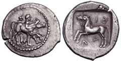 Thessaly, Larissa AR Drachm. Thessaly, Larissa AR Drachm. Circa 475-425 BC. Thessalos advancing right, with petasos over his shoulders and chlamys tied at his neck, holding a band around the forehead 