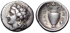 Thessaly, Lamia AR Hemidrachm. Thessaly, Lamia AR Hemidrachm. Circa 400-350 BC. Head of Dionysos left, wearing ivy wreath / Amphora; ivy leaf above, prochous (small jug) to right. Georgiou, Mint 6; BC