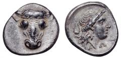Phokis, Federal Coinage AR Triobol. Phokis, Federal Coinage AR Triobol. Time of the Third Sacred War, circa 354-352 BC. Struck under Onymarchos. Bull’s head facing / Laureate head of Apollo right, lyr
