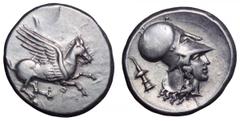 Corinthia, Corinth AR Stater. Corinthia, Corinth AR Stater. Circa 405-345 BC. Pegasos flying right, Q below / Head of Athena right, wearing Corinthian helmet; thymiaterion behind. Pegasi 238; Ravel 57