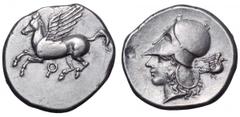 Corinthia, Corinth AR Stater. Corinthia, Corinth AR Stater. Circa 375-330 BC. Pegasos flying left, Q below / Head of Athena left, wearing Corinthian helmet; E and a dove behind. Pegasi 368; Ravel 988.
