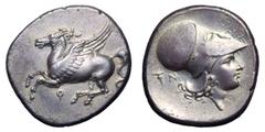 Corinthia, Corinth AR Stater. Corinthia, Corinth AR Stater. Circa 375-300 BC. Pegasos flying left, Q below / Head of Athena right, wearing Corinthian helmet; bukranion and N behind. Pegasi 382; Ravel 