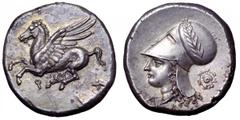 Corinthia, Corinth AR Stater. Corinthia, Corinth AR Stater. Circa 375-300 BC. Pegasos flying left, Q below / Head of Athena left, wearing Corinthian helmet decorated with laurel wreath, A-P below, aeg