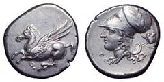 Corinthia, Corinth AR Stater. Corinthia, Corinth AR Stater. Circa 375-300 BC. Pegasos flying left, Q below / Head of Athena left, wearing Corinthian helmet; boar above, P behind, A below chin. Pegasi 