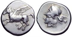 Corinthia, Corinth AR Stater. Corinthia, Corinth AR Stater. Circa 375-300 BC. Pegasos flying left, Q below / Head of Athena left, wearing Corinthian helmet; dove flying left behind. Pegasi 491. 8.47g,